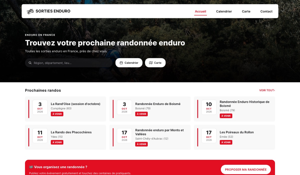 Sorties Enduro — page d’accueil avec recherche et prochaines randonnées